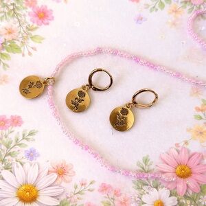 Blush Bloom Beaded Necklace & Gold Floral Charm Earrings Set | Feminine Pink